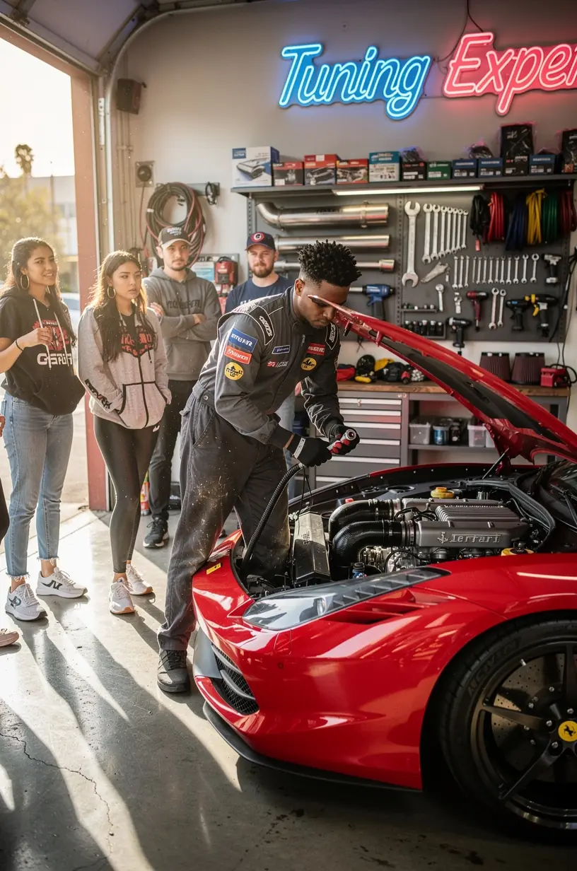 Ekipa mechaników pracująca nad dostosowaniem układu wydechowego i zawieszenia sportowego auta w Los Angeles.